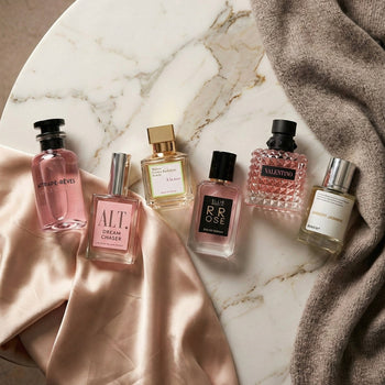 Luxury fragrances next to their dupe counterparts