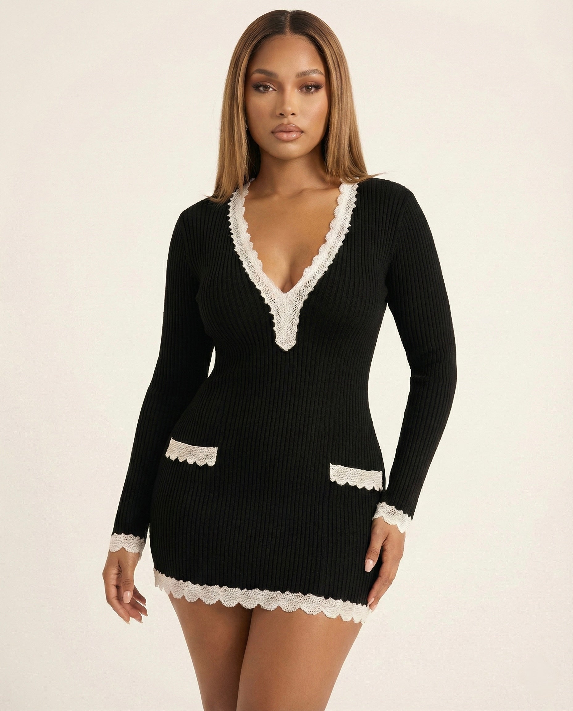 Lace Trim V-Neck Knit Sweater Dress