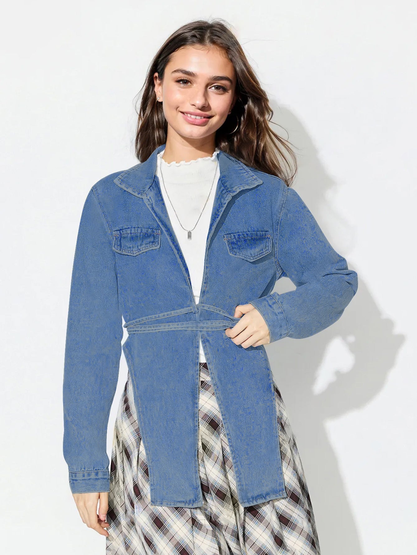 Asymmetric Slit Collared Neck Long Denim Top