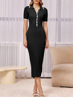 Womens Short Sleeve Maxi Bodycon Button V Neck Collared Knit Dress