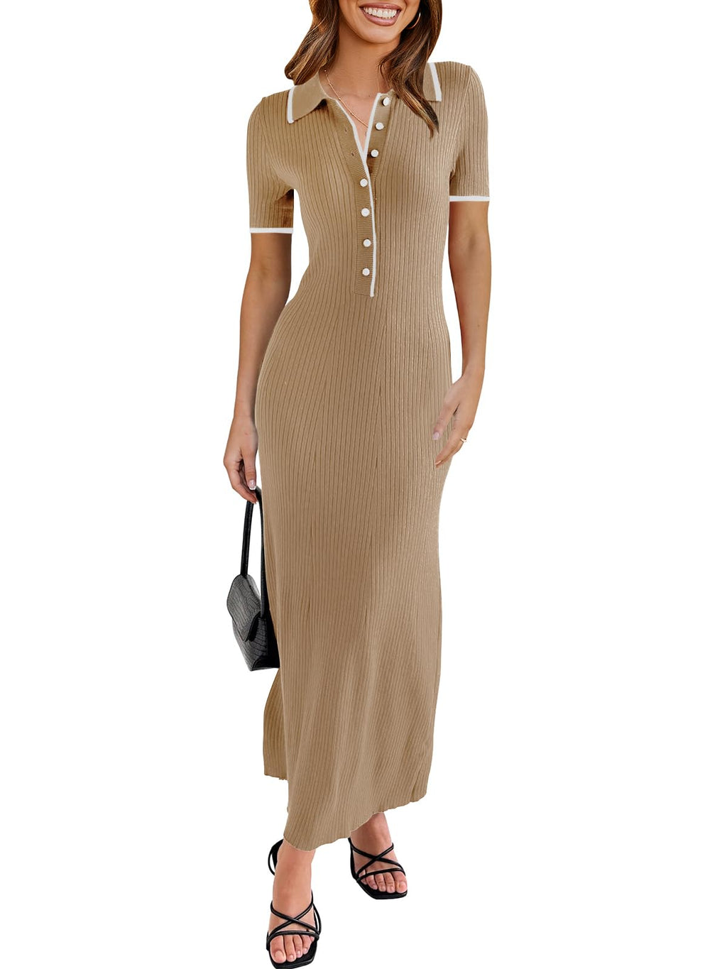 Womens Short Sleeve Maxi Bodycon Button V Neck Collared Knit Dress