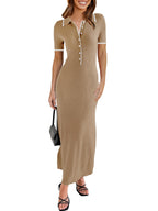 Womens Short Sleeve Maxi Bodycon Button V Neck Collared Knit Dress