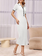 Womens Short Sleeve Maxi Bodycon Button V Neck Collared Knit Dress