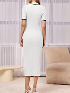 Womens Short Sleeve Maxi Bodycon Button V Neck Collared Knit Dress