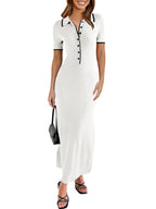 Womens Short Sleeve Maxi Bodycon Button V Neck Collared Knit Dress