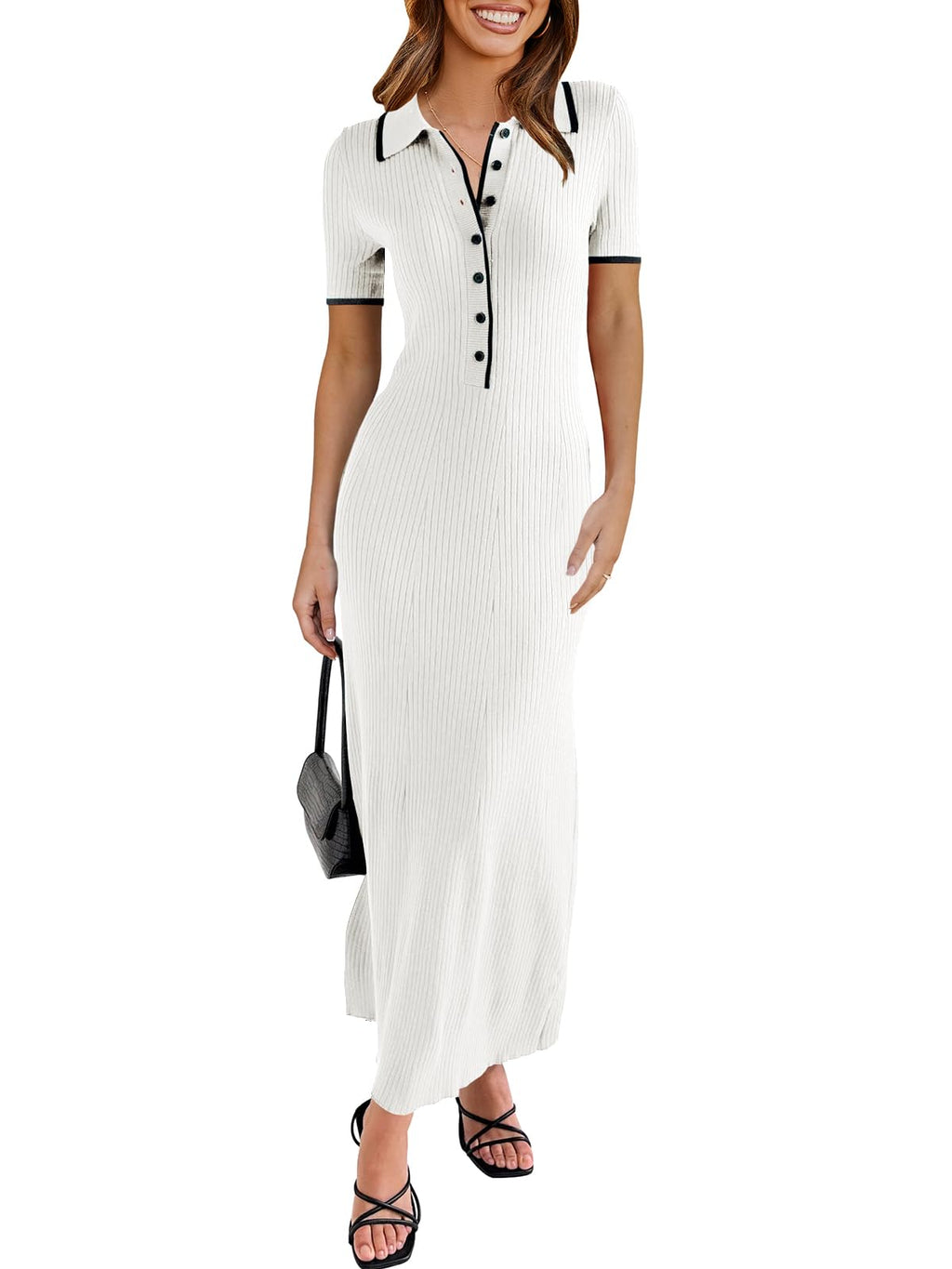 Womens Short Sleeve Maxi Bodycon Button V Neck Collared Knit Dress