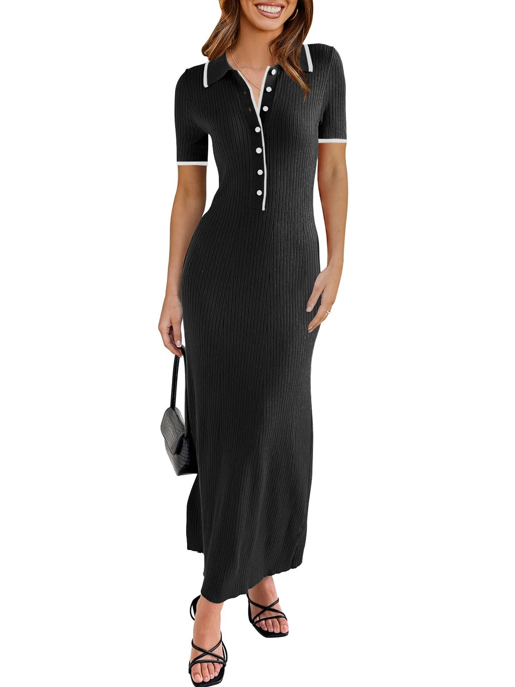 Womens Short Sleeve Maxi Bodycon Button V Neck Collared Knit Dress