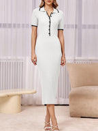 Womens Short Sleeve Maxi Bodycon Button V Neck Collared Knit Dress