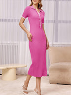 Womens Short Sleeve Maxi Bodycon Button V Neck Collared Knit Dress