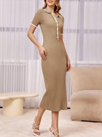 Womens Short Sleeve Maxi Bodycon Button V Neck Collared Knit Dress