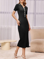 Womens Short Sleeve Maxi Bodycon Button V Neck Collared Knit Dress
