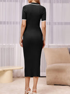 Womens Short Sleeve Maxi Bodycon Button V Neck Collared Knit Dress