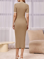 Womens Short Sleeve Maxi Bodycon Button V Neck Collared Knit Dress