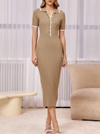 Womens Short Sleeve Maxi Bodycon Button V Neck Collared Knit Dress