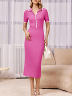 Womens Short Sleeve Maxi Bodycon Button V Neck Collared Knit Dress