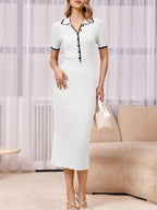 Womens Short Sleeve Maxi Bodycon Button V Neck Collared Knit Dress