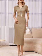 Womens Short Sleeve Maxi Bodycon Button V Neck Collared Knit Dress