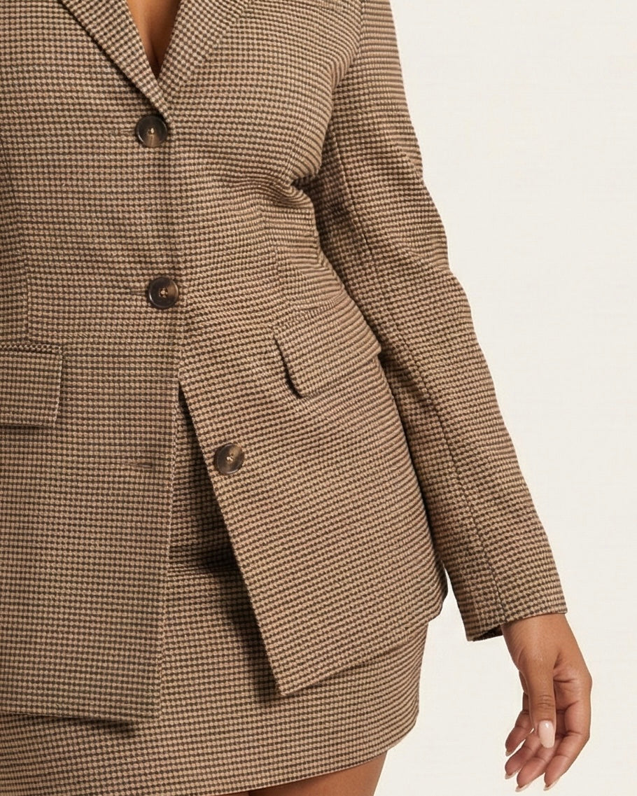 Single-Breasted Plaid Blazer and Skirt Set