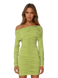Inclined Shoulder Long Sleeve Sexy Stretch Mini Dress