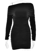 Inclined Shoulder Long Sleeve Sexy Stretch Mini Dress