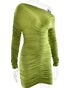Inclined Shoulder Long Sleeve Sexy Stretch Mini Dress