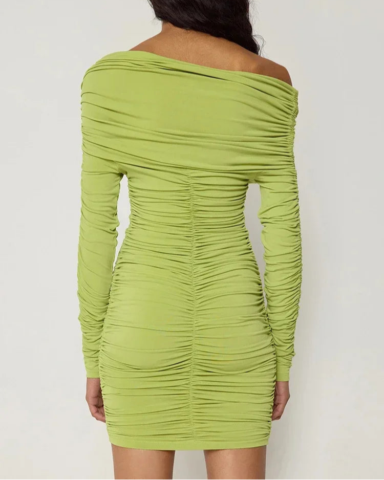 Inclined Shoulder Long Sleeve Sexy Stretch Mini Dress