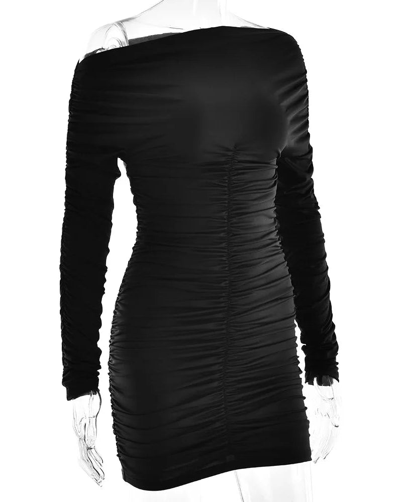 Inclined Shoulder Long Sleeve Sexy Stretch Mini Dress