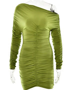 Inclined Shoulder Long Sleeve Sexy Stretch Mini Dress
