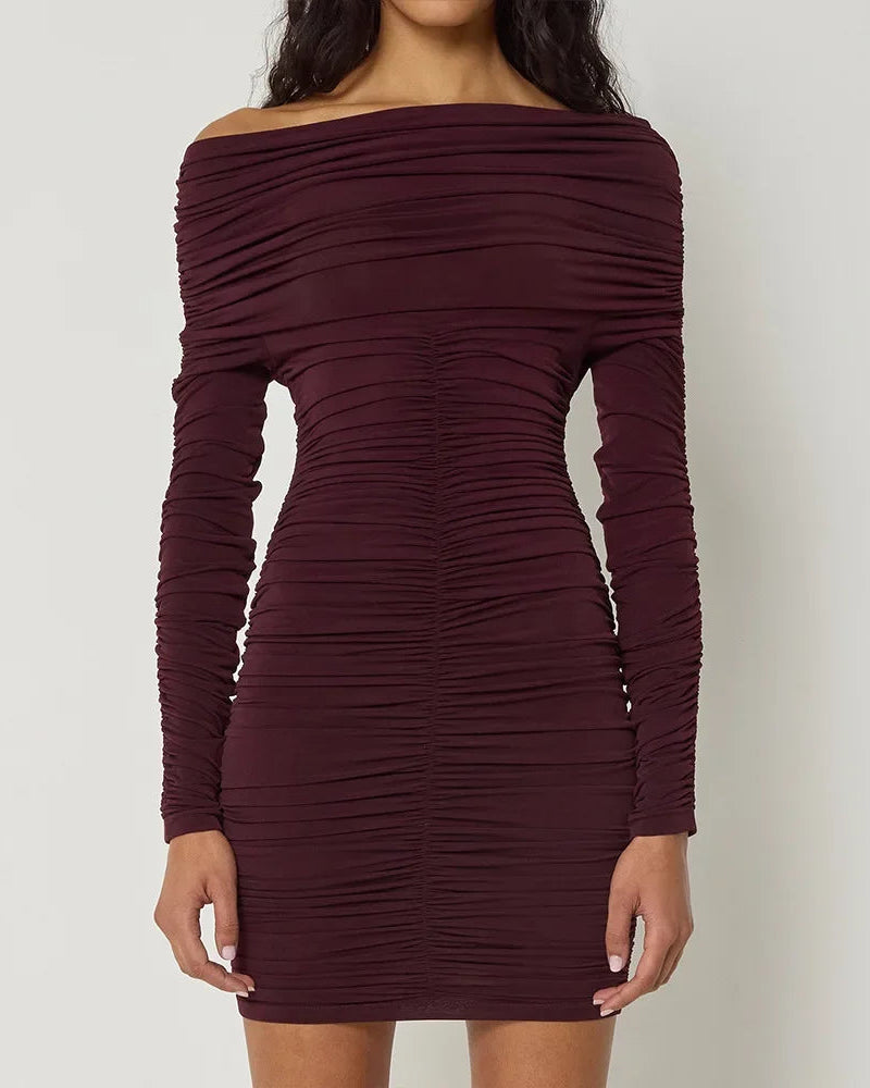 Inclined Shoulder Long Sleeve Sexy Stretch Mini Dress